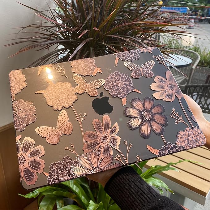 Teryeefi for MacBook Air M2 M3 M4 M5 13.6 Case 2022 2023 2024 2025 2026 Release A2681 A3113 A3240 A3449, Clear Hard Shell with Keyboard Cover & Adapter & Screen Protector, Gold Floral Butterfly