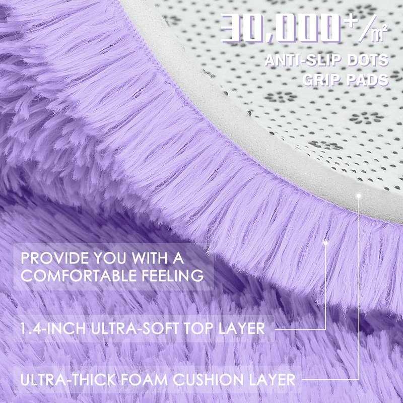 OLANLY Light Purple Round Rugs for Bedroom - Machine Washable, 2 ft Circle Area Rugs for Living Room, Soft and Fluffy Shaggy Carpet for Teen Girls and Boys, Nursery Rooms, Dorms, Home Decor Aesthetic