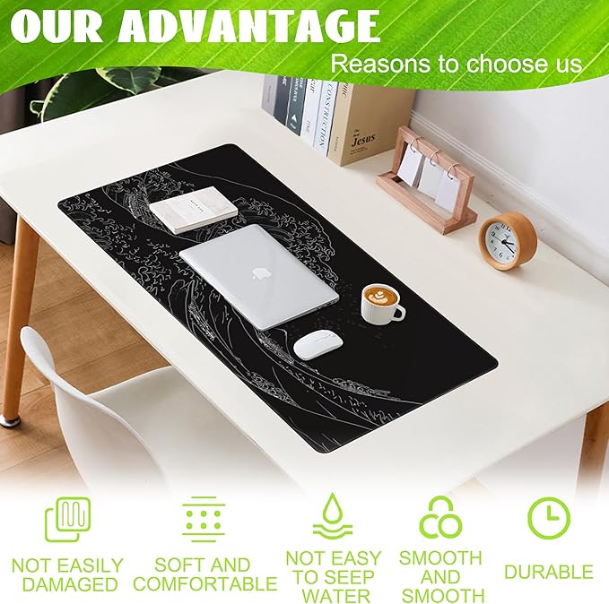 Eflxamz Desk Mat, Black Japanese Sea Wave Desk Pad, Extended Big Computer Keyboard Mouse Pad with Non-Slip Base and Stitched Edge, 35.4"x15.7"