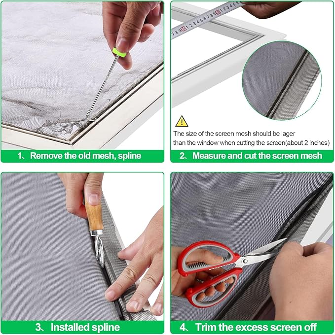 QWR 4 in 1 Window Screen Repair Tool Kit,Including 32Ft Spline Replacement,Steel Roller with Bearing,Spline Removal Hook and High Quality Scissors,for Installing Door Mesh Screens., Black (QWR-56321)
