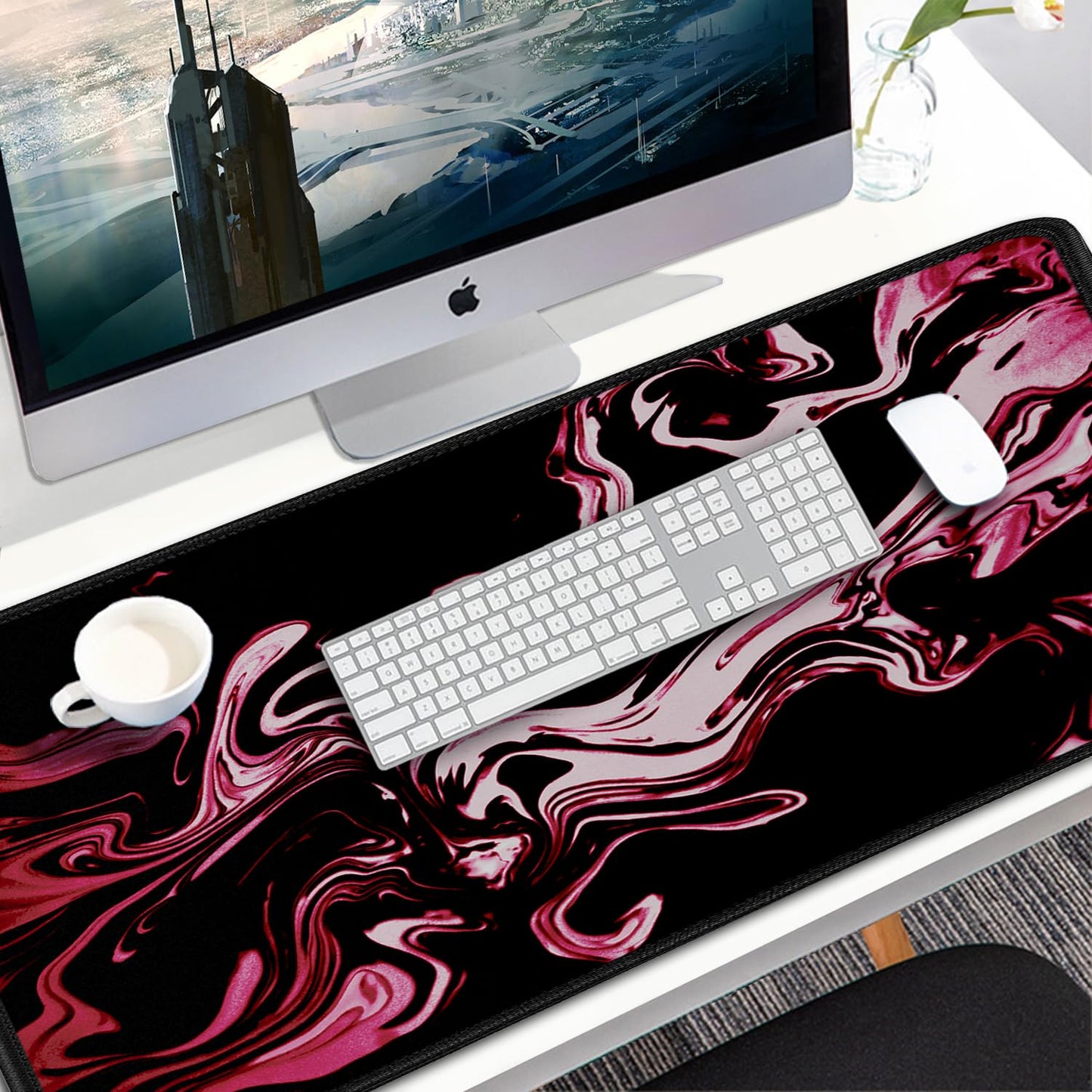 Gaming Mouse Pad, 31.5x15.7 inch Large Extended Computer Keyboard Mouse Mat, Water Resist Non-Slip Mousepad Rubber Base Long XXL Desk Mouse Pad for Gaming, Office & Home, Marble Red