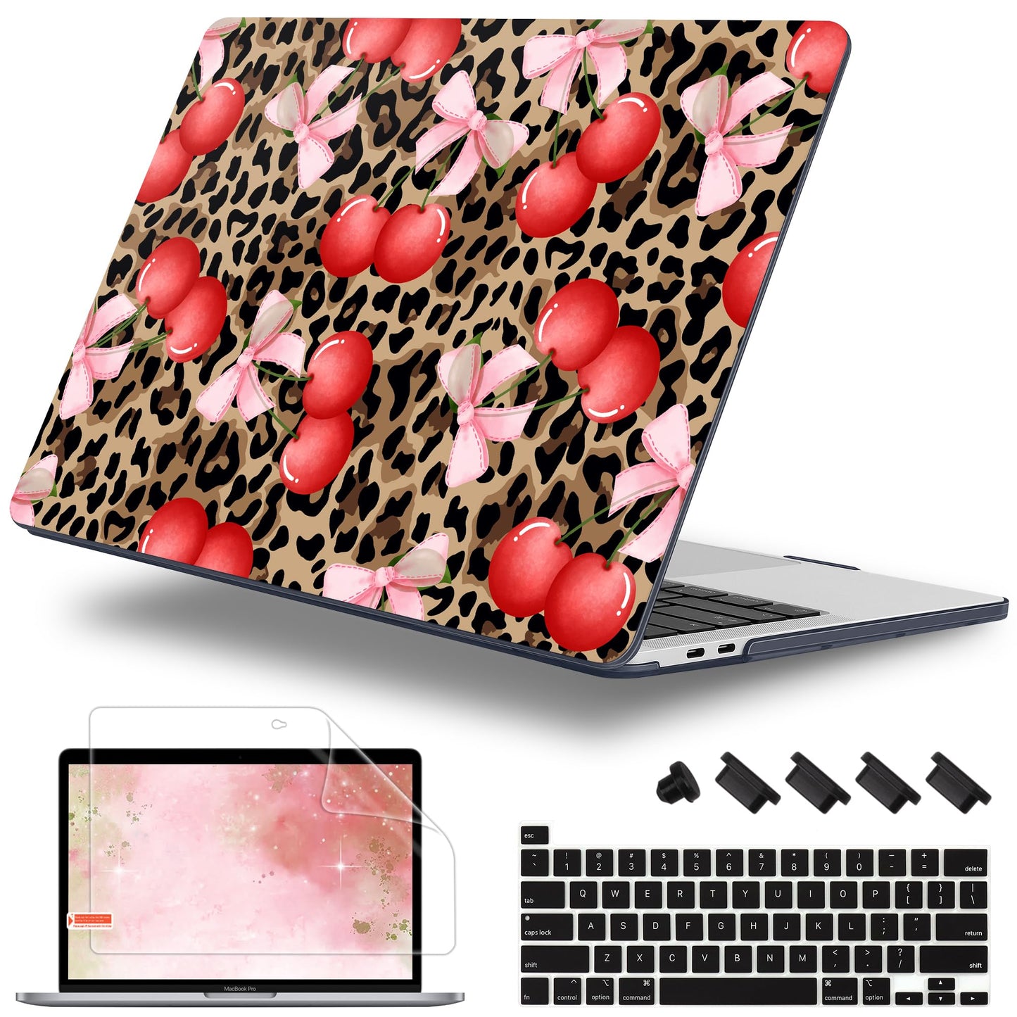 Lepeoac Case for MacBook Pro 13 inch Case M2 2022-2016 A2338 M1 A2251 A2289 A2159 A1989 A1708 A1706, Plastic Hard Shell + Keyboard Cover + Dust Plug, Leopard Cherry