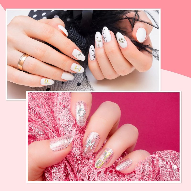 Gold & Silver 3D Letter Nail Charms - 104 Pcs Rhinestone Crystal Alphabet Decals for DIY Fingernail Art