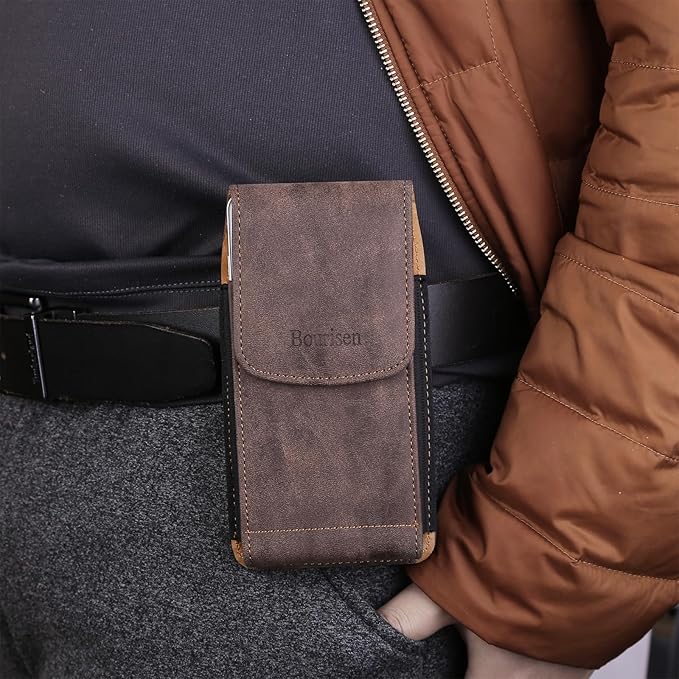 Bourisen Phone Holster Pouch Case Belt Clip Loops Card Slot for Man iPhone12 13 14 15 16 17,11 12 13 14 15 16 17pro,17Air/Samsung S25 S24 S23 S22 S21 S20/LG/Moto (Brown&Yellow, L(6.1" x3.2''x0.8))