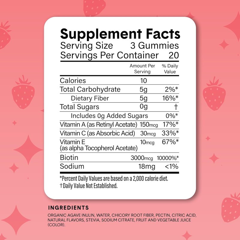Super Fiber Gummies - Sugar-Free Beauty Supplement with Biotin & Vitamins A, C, E | Supports Digestive Health & Skin - 60 Count