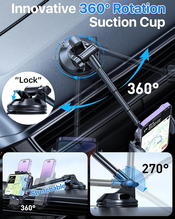 HTU Car Phone Holder【2026 Upgraded 100+LBS Suction & Safety Cert】 Cell Phone Car Mount for Truck Heavy Duty Phone Holder for Dashboard/Windshield/Vent for iPhone 17 16 Pro Max, Jet Black