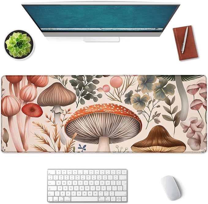 Mounidso Botanical Mushroom Large Mouse Pad, Gaming Mouse Pad, Keyboard Mat, Non-Slip Rubber Base, Office Accessories, Desk Mat, MousePads for School, Work, Home Decor Gifts 31.5" x 11.8"