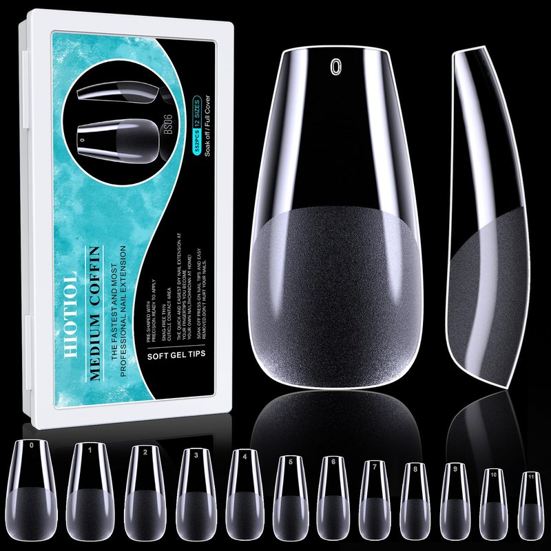 HIOTIOL Medium Coffin Nail Tips, 552pcs Pre-Shape Fake Nails Half Matte Full Cover Acrylic Gel Nail Tips Clear Medium Coffin Press On Nails Home DIY Extension 12 Sizes