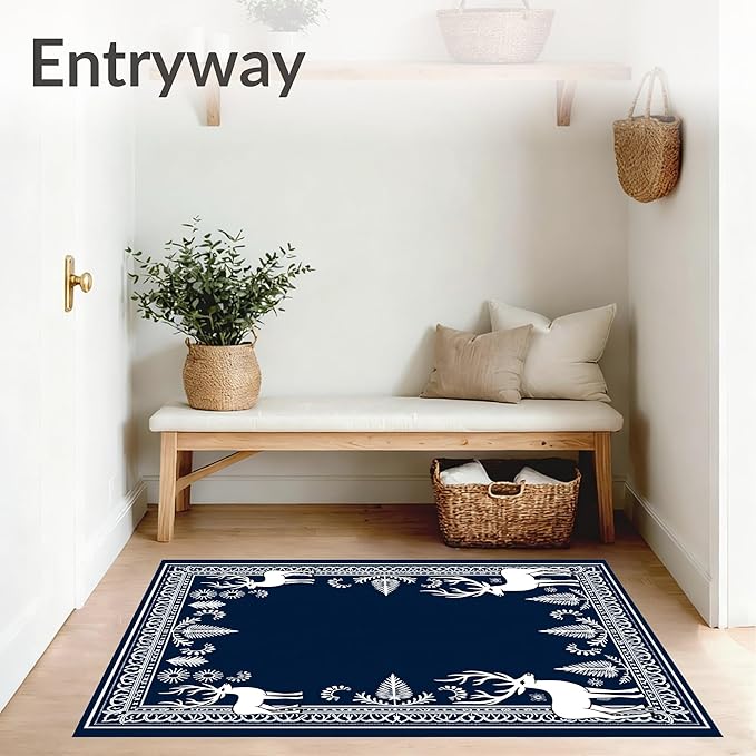 Flatwoven High Traffic Area Rug 8x10, Enchanted Forest December Shower Curtain Full Restroom Kit, Non Slip, Stain Resistant, Washable Area Rugs for Living Room, Bedroom (Blue, 8x10)