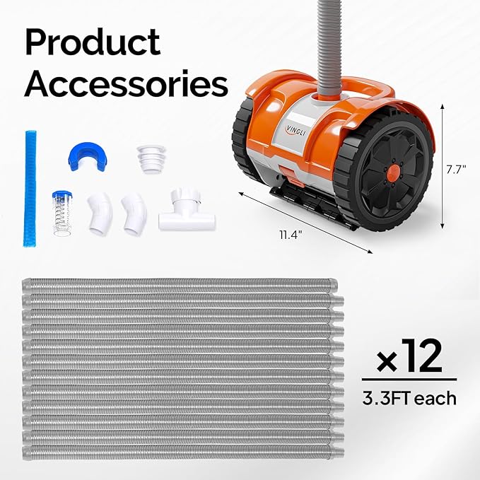 VINGLI Pool Vacuum Cleaner, Automatic Pool Sweeper for Ground&Inground Pools, Suction Side Wall-Climbing Sweeper with 39.6ft Tangle-Free Hose (Rich Orange&Gray)