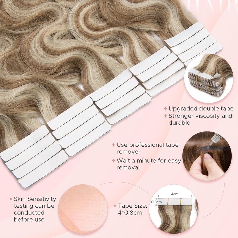 SEGOHAIR Wavy Tape In Hair Extensions Real Human Hair with Double-Sided Adhesive Professional Hair Extensions for Women 20pcs Body Wave 14 Inches #12P613 Golden Brown & Bleach Blonde