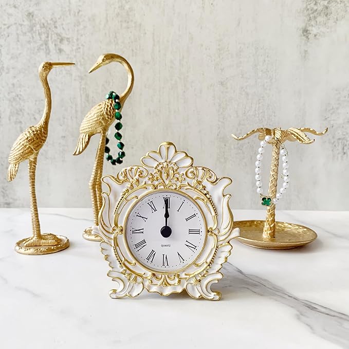 Pewery Decorative Mini Table Clock, Vintage Metal Silent Analog Quartz Battery Operated Table Top Clock for Living Room Decor Shelf