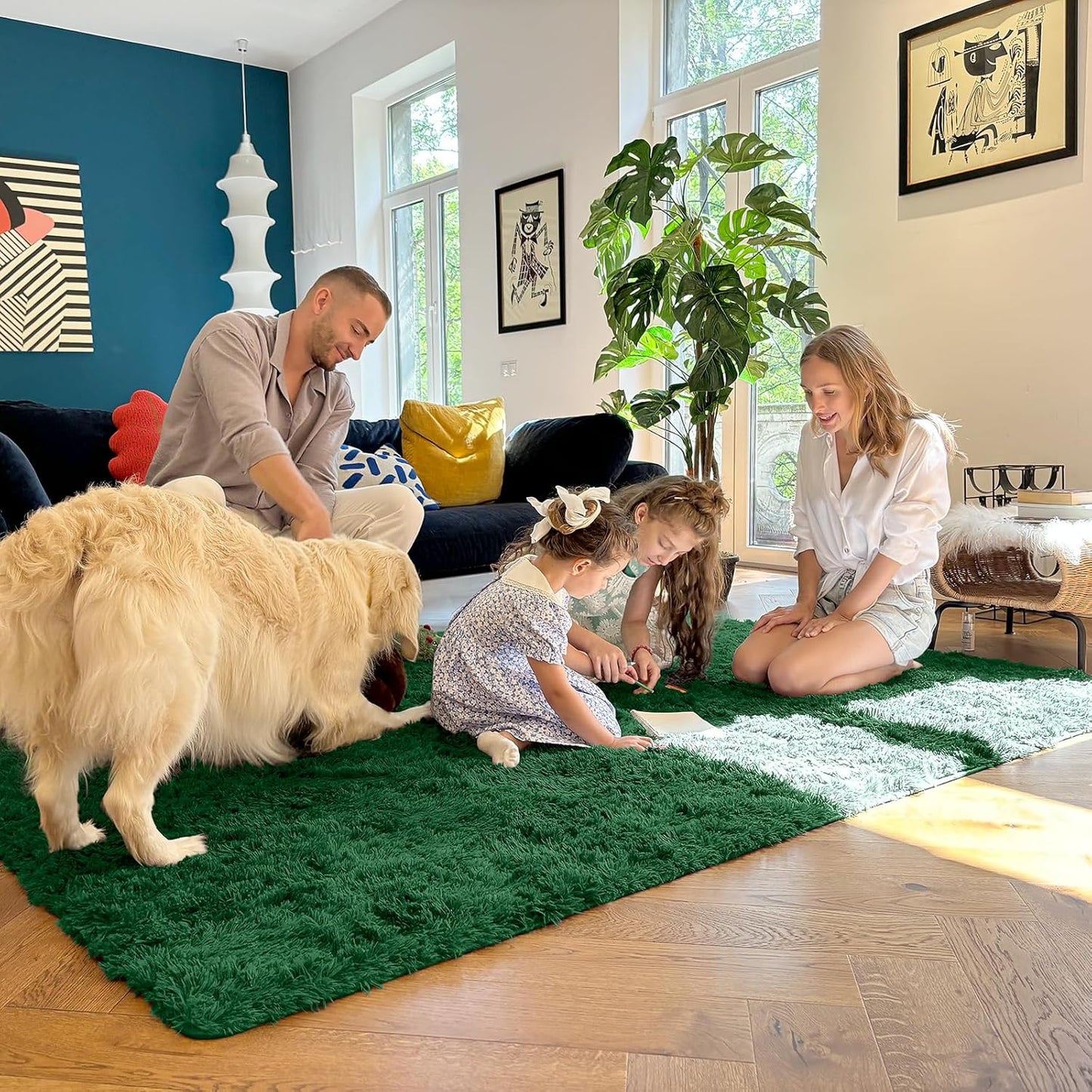OLANLY Small Bedside Rug - Soft Fluffy Shaggy Carpet for Living Room & Bedroom | Dark Green 3x5 ft