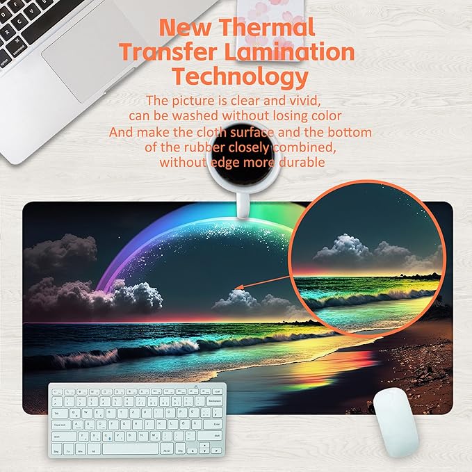 KOAIWPAE Desk Mat, Rainbow and Full Moon Desk Pad, Beach at Night Large Gaming Mouse Pad for Desk, 31.5"x15.7" Extended Big Computer Keyboard Mouse Pad with Non-Slip Base and Stitched Edge