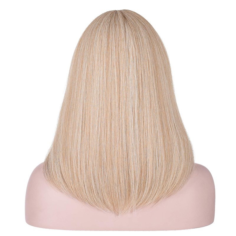 AMZCOS 15 Inch Short Straight Blonde Highlights Bob Wig with Bangs | Natural Heat Resistant Synthetic Hair Wigs for Women