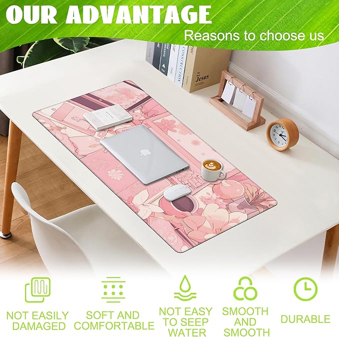 Eflxamz Large Gaming Mouse Pad for Desk,Pink Kawaii Anime Girl Desk Desk Mat,Kawaii Anime Desktop Desk Pad,Extended Big Computer Keyboard Mouse Pad with Non-Slip Base and Stitched Edge,35.4"x15.7"