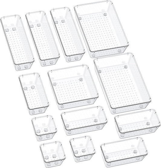 SMARTAKE 13-Piece Drawer Organizers - Non-Slip Silicone Pads for Makeup, Jewelry & Utensils | Clear Storage Trays