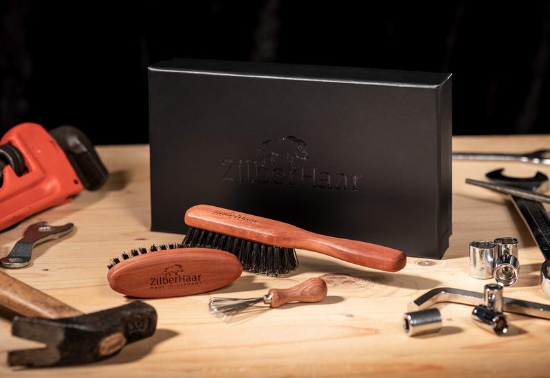Zilberhaar Beard Brush Grooming Kit (Soft Version) 2nd Cut Boar Bristles - Ideal for Stubbles and Short To Medium Beards - Distributes Balm and Oil for Growth/Styling - Comes with Brush Cleaning Tool