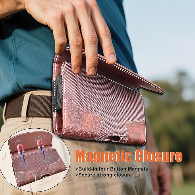 Maezar Leather Phone Holster for Men with Belt Clip, Cell Phone Holder for iPhone 17/16/15/14/13/12 Pro, Galaxy S24/S23/S21, Belt Pouch Case Magnetic Closure (Brown-L)
