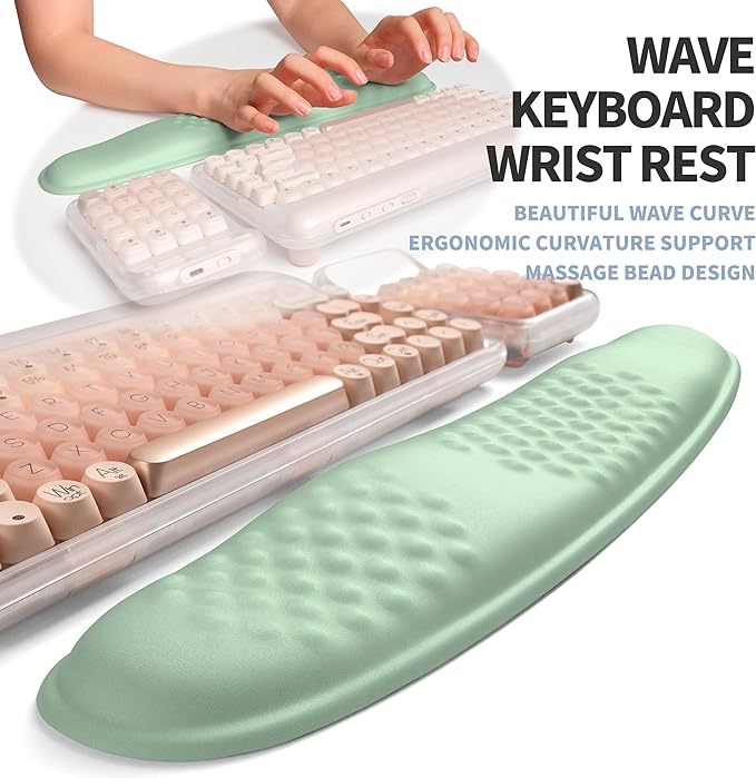 Gleamtide 2-in-1 Ergonomic Set, Wave Keyboard Wrist Rest and Massage Slope Mouse Pad Wrist Support, Rebound Memory Foam for Relieve Carpal Tunnel Syndrome and Wrist Pain (Light Green)