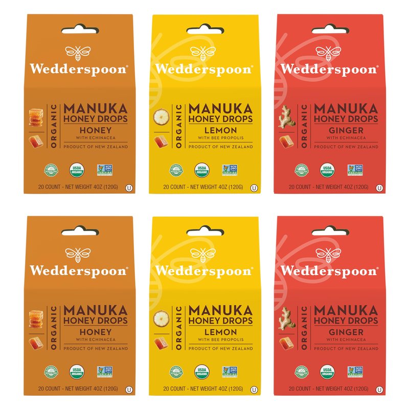 Wedderspoon Organic Manuka Honey Drops, Variety Packs, 120 Count | USDA Organic | Genuine New Zealand Honey, Natural Remedy for Dry Throat