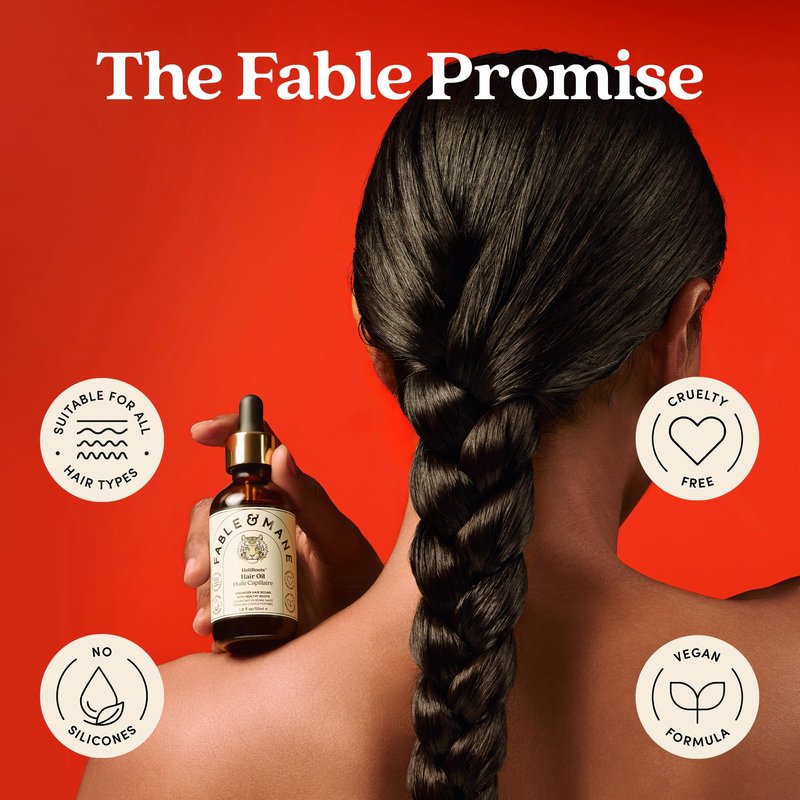 Fable and Mane Hair Oil - HoliRoots Strengthening Serum for Damaged, Frizzy Hair with Ashwagandha, Castor Oil & Scalp Treatment - 1.8FL oz