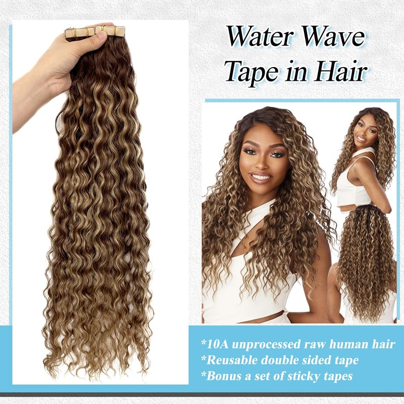 Honey Blonde Highlight Water Wave Tape in Human Hair Extensions Tape ins Real Human Hair Extensions for Black Women Ombre Brown with Caramel Blonde Highlight Loose Curly Skin Weft Hair Extension 12”
