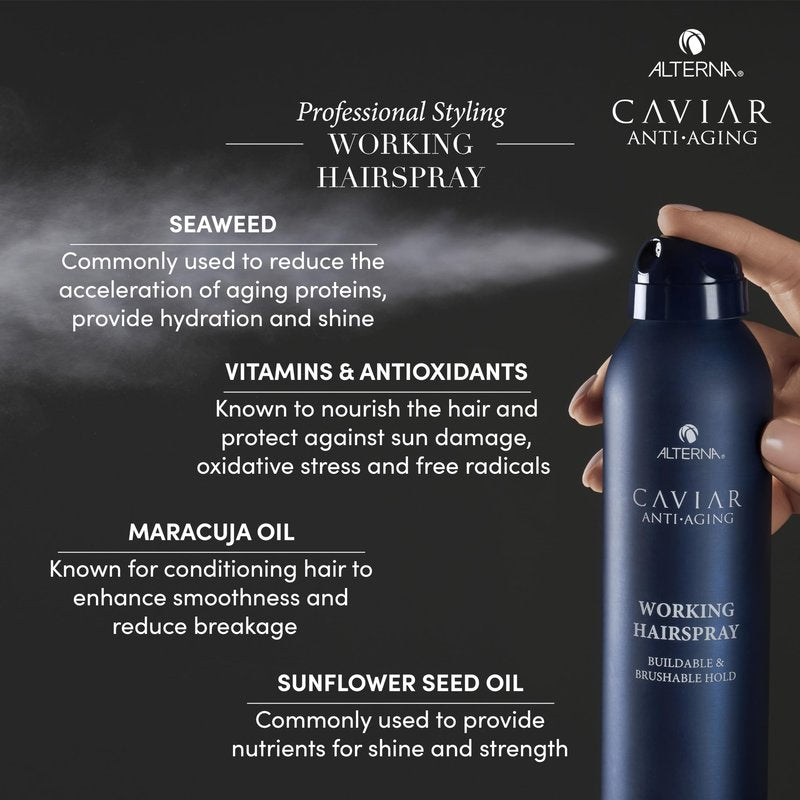 Alterna Caviar Working Hairspray | Buildable, Brushable Hold | Helps Control Frizz & Adds Shine | Sulfate Free, 7.4 Fl Oz (Packaging May Vary)