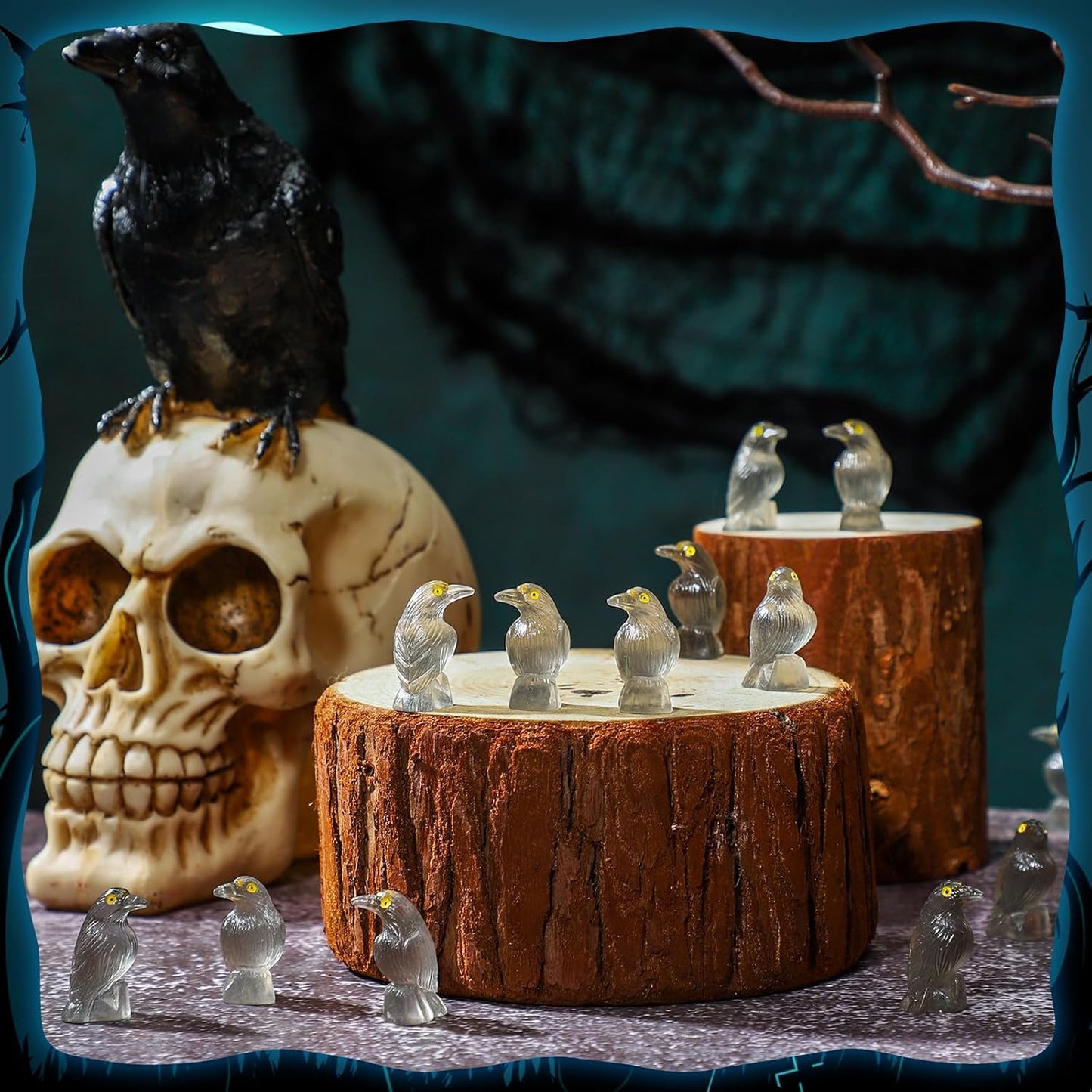 Skiennix Halloween Miniature Crows - Luminous Resin Raven Figurines for Spooky Decor | 100 Pcs