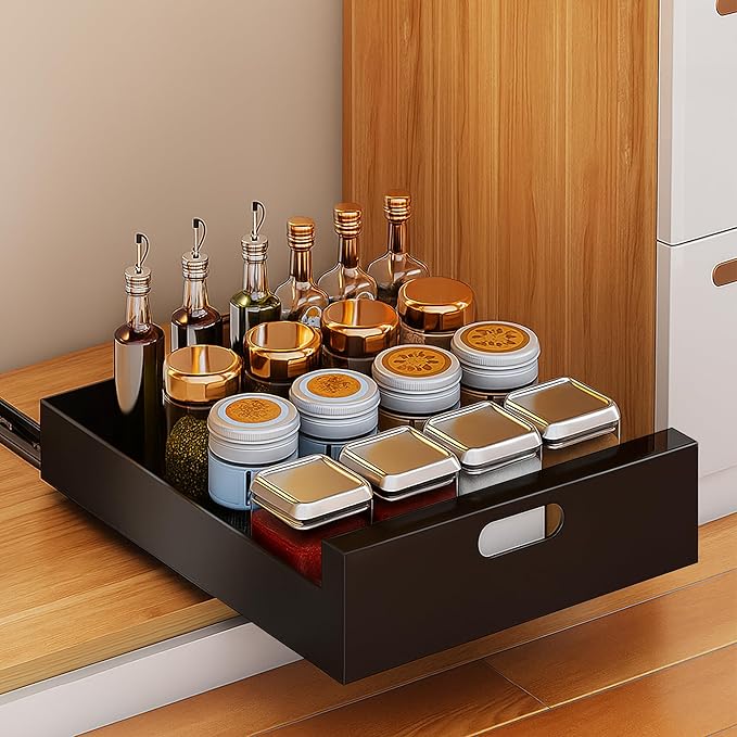 21'' Deep Pull Out Drawers for Cabinets, 10'' Wide Sturdy Carbon Steel Pull Out Cabinet Organizer Adhesive, Pantry Storage Shelves for Kitchen, Bathroom and Living Room