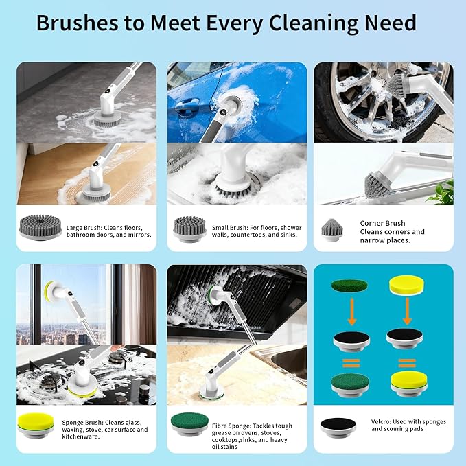 Electric Spin Scrubber, Cordless 20W High-Torque IPX7 Waterproof Cleaning Brush with LED Battery Display, 2-Speed &6 Replaceable Heads & Extendable Long Handle