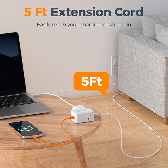 TESSAN Small Flat Plug Power Strip, Ultra Thin Extension Cord 5 ft, 3 AC Outlets with 3 USB Ports (1 USB C), Multiple Wall Outlet Extender for Cruise Travel Office School Dorm Room Essentials, White