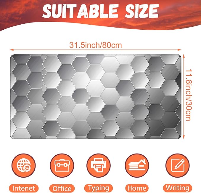 KOAIWPAE Large Gaming Mouse Pad for Desk, Silver Technology Honeycomb Desk Mat, Sci-Fi Honeycomb Desk Pad, 31.5"x15.7" Extended Big Computer Keyboard Mouse Pad with Non-Slip Base and Stitched Edge