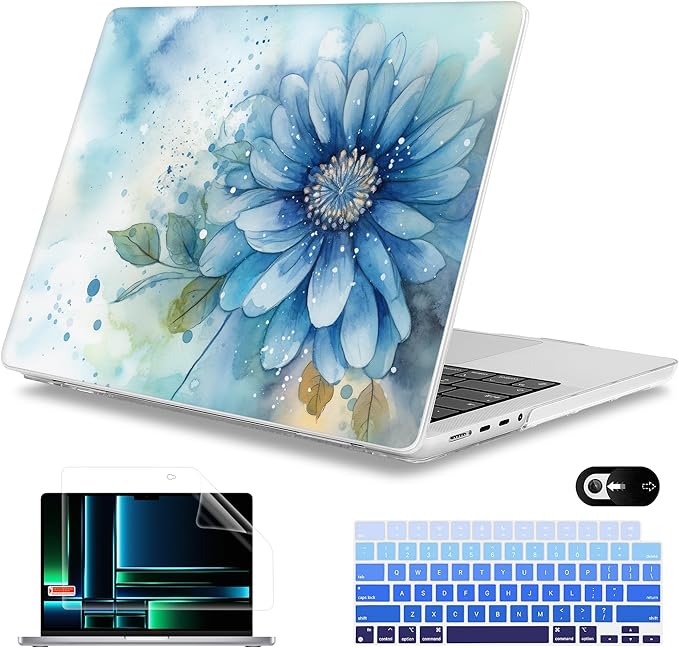 Mektron Case for 2026 M5 MacBook Pro 16 inch A3429 A3428 M4 A3403 A3186 M3 A2991 M2 A2780 M1 A2485 (2021-2025) Pro/Max with Liquid Retina XDR, Hard Shell Plastic Laptop Cover, Watercolor Blue Flower
