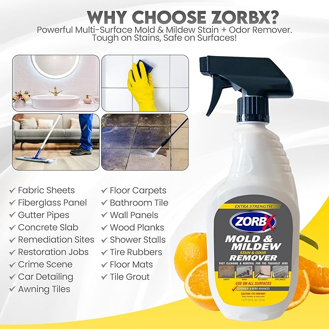 ZORBX Extra Strength Remover & Cleaner Spray 24 FL Oz â Scrub Free Formula - Bleach Free Stain & Smell Eliminator for Shower, Bathroom, Ceiling, Carpet, Cars, Walls & Wood