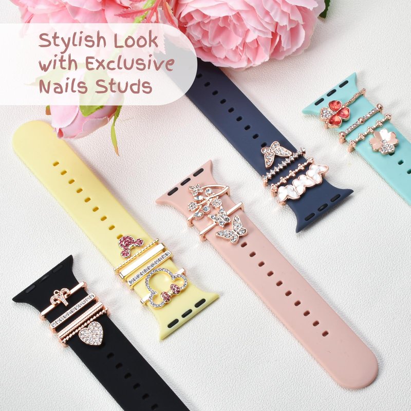 Shesyuki Watch Band Charms Set - Decorative Rings and Clasps with Shining Stones, Compatible with iWatch Series 1 to 8, Fits 38mm/40mm/41mm/42mm/44mm/45mm Models (No Watch Band)