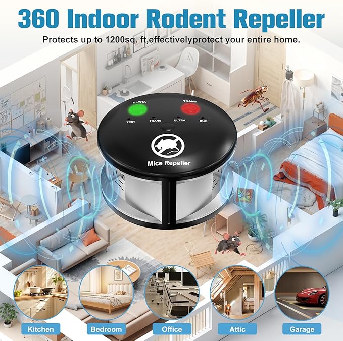 Ultrasonic Pest Repellent Indoor Home Mouse & Rodent Repeller Electronic Plug-in 360° Squirrels Deterrent with LED Strobe Light Pest Control Device for Attic House Kitchen Office Warehouse RVS