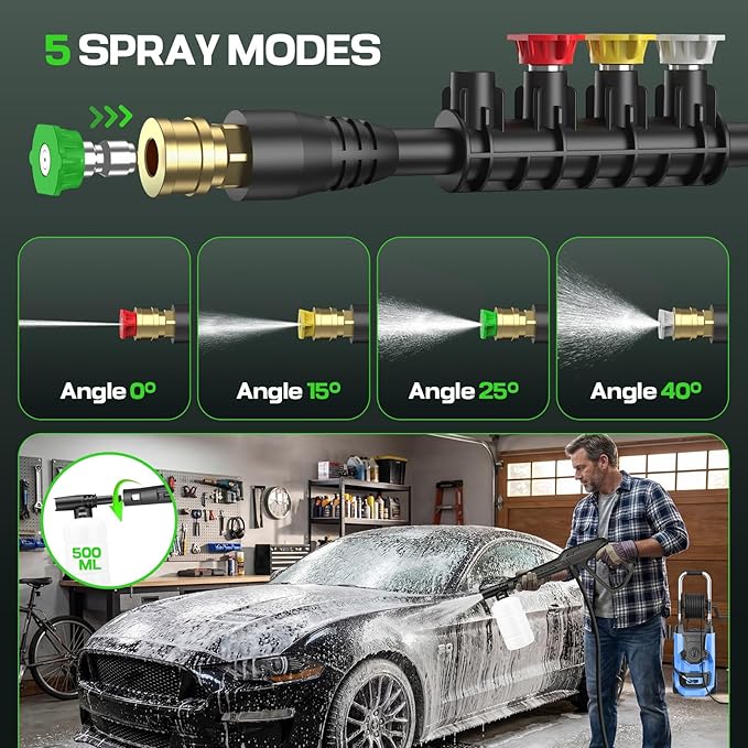 commowner𝐏𝐨𝐰𝐞𝐫 𝐖𝐚𝐬𝐡𝐞𝐫 𝟓𝟎𝟎𝟎𝐏𝐒𝐈 Portable with 20FT Pipe, 4 Nozzle Set for Home/Cars/Fences/Windows, Blue