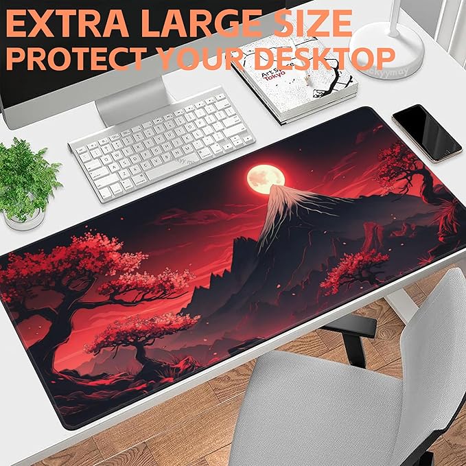 NIYLYNSYN Mouse Pad Large Japanese Landscap Non-Slip Game Desk Mat with Stitched Edge Laptop Keyboard Desk Pad for Work Home Gaming (35.4 x 15.7 Inches)