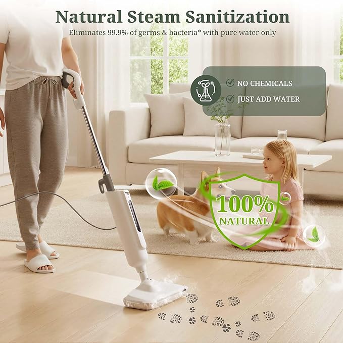 Steam Mop for Floor Cleaning, Lightweight Floor Steamer for Hardwood, Tile, Laminate & Carpet, Quick-Heat Steam Cleaner with Visible Water Tank and 2 Washable Pads, White and Grey