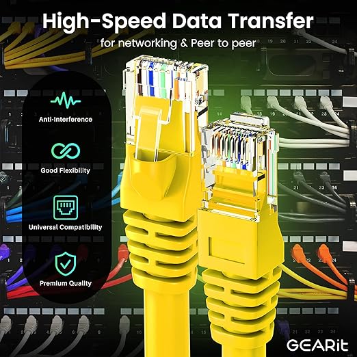 GEARit Cat 6 Ethernet Patch Cables 7 ft Yellow (Cat 6 Ethernet Cables 7 ft 24-Pack), High Speed 24AWG 10Gbps RJ45 Snagless Gold-Plated, Ethernet Cable for Router, Switch, PC, PS5 Gaming, Server