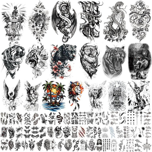 105 Sheets Large Temporary Tattoos For Women Men Adult, Dragon Tiger Wolf Tribal Christian Floral Realistic Fake Tattoo Stickers for Arm Leg Hand, Waterproof & Non-Reflective