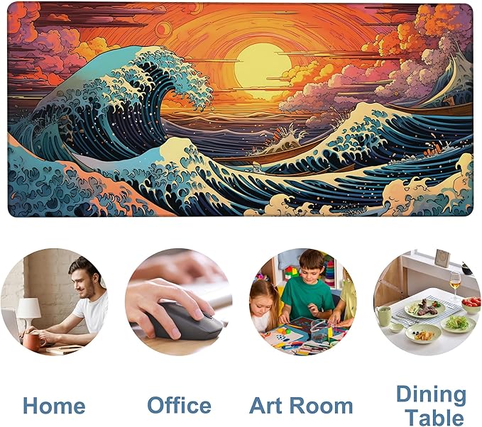 NITAHHHY Gaming Desk Pad Large Extra Length Japanese Blue Waves Mouse Pad Keyboard Laptop Non-Slip Waterproof with Rubber Base Thick Stitched Edge Mouse Mat for Office Home 35.4 x 15.7 Inches
