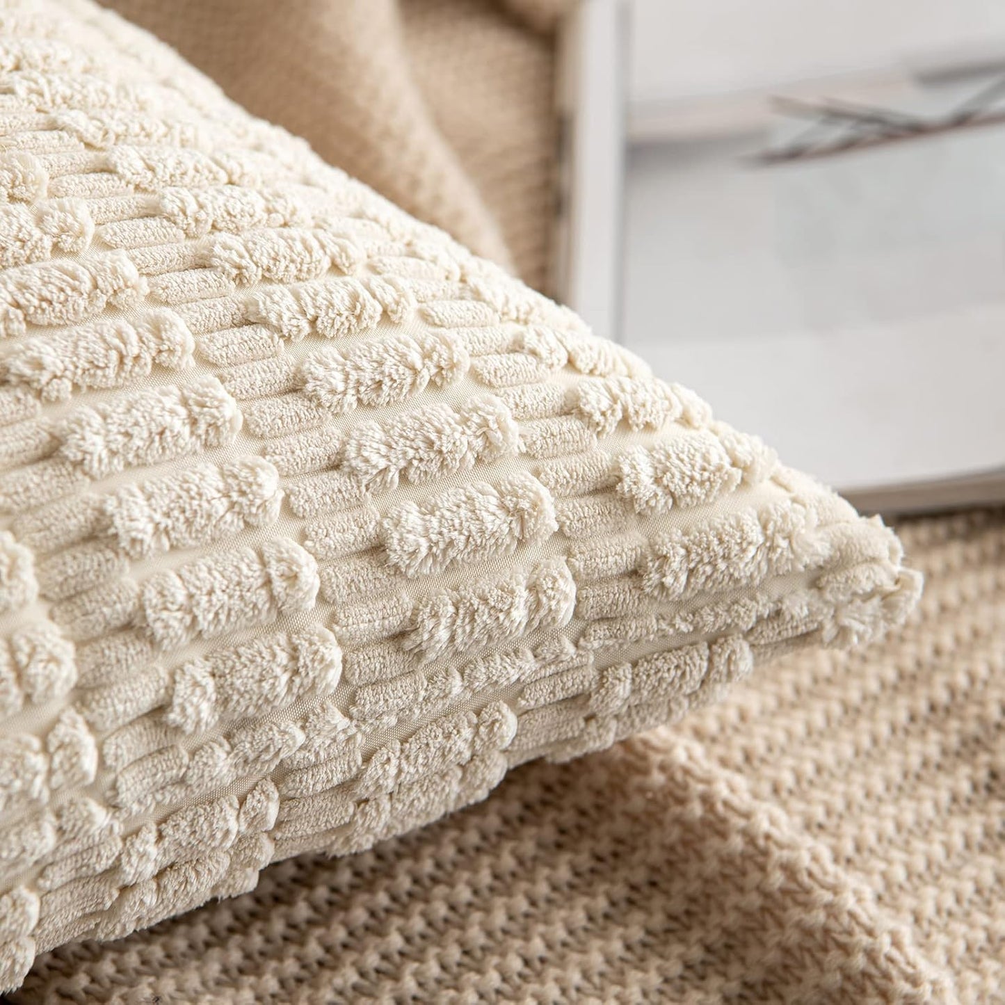 MIULEE Corduroy Throw Pillow Covers - Soft Boho Striped Design | 12x12 Inch Cream White Decor for Sofa & Couch