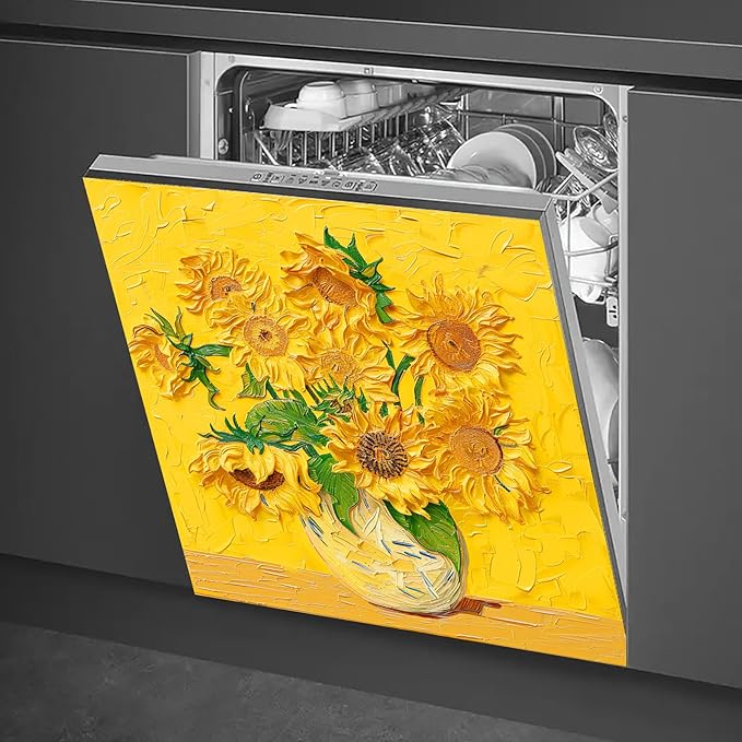 Dishwasher Magnet Cover 23x26 in Sunflower Oil Painting Yellow Art Dishwasher Cover for Kitchen Appliance Decoration Front Panel Sticker Rustic Art Skin Panel Home Decor Decal