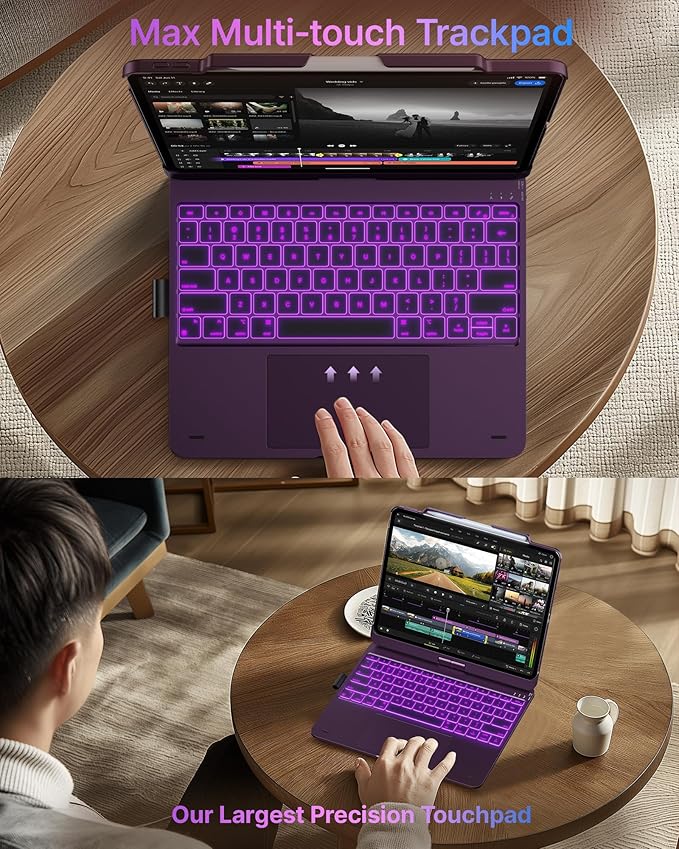 typecase Touch Case with Keyboard for iPad Pro 13"(M5/M4, 2025/2024), iPad Air 13"(M4/M3/M2, 2026/2025/2024) & iPad Pro 12.9", Trackpad, 360° Rotatable, 11-Colors Backlit, Soft Purple