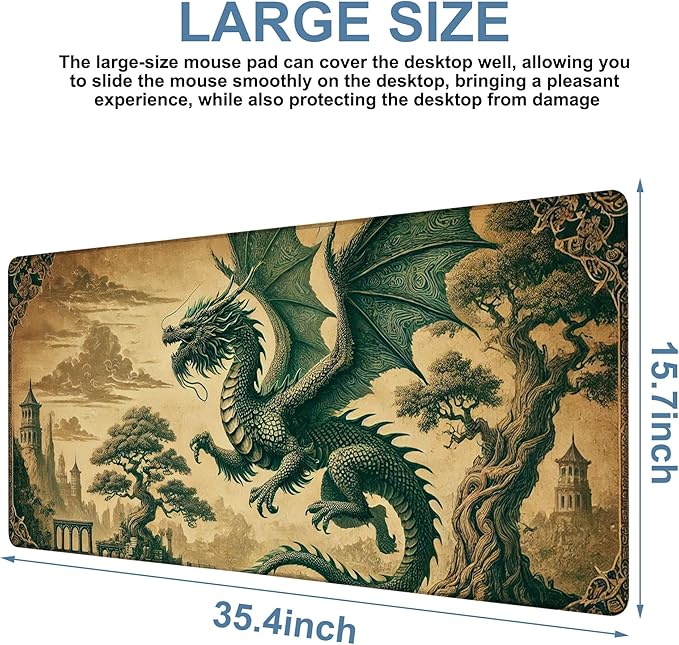 NITAHHHY Vintage-Style Dragon Gaming Mouse Pad 3mm Thick Stitched Edge Waterproof Non-Slip Large Computer Keyboard Mouse Mat,Suitable for Office Entertainment Decorative Desk Pad 35.4 x 15.7 Inches
