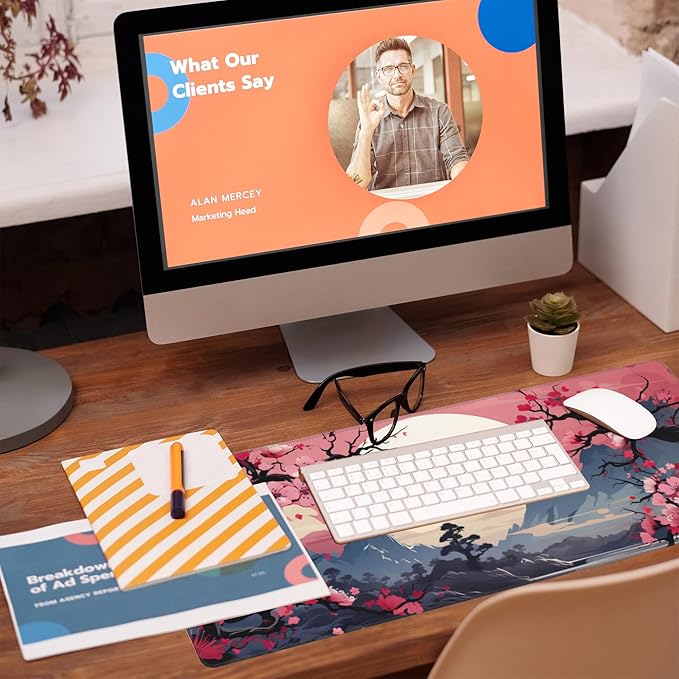 Eflxamz Pink Cherry Blossom Tree Desk Pad, Mountains and Sun Large Gaming Mouse Mat, Extended Big Computer Keyboard Pad With Non-Slip Base and Stitched Edge, 31.5"x11.8"