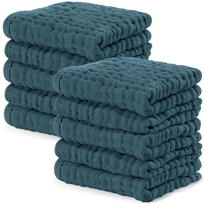 Comfy Cubs Muslin Baby Washcloths 10 Pack - Soft 6-Layer Cotton Wash Cloths for Sensitive Skin - 10"x10" Large, Gentle, Absorbent Infant Essentials for Newborn and Toddlers - Neptune