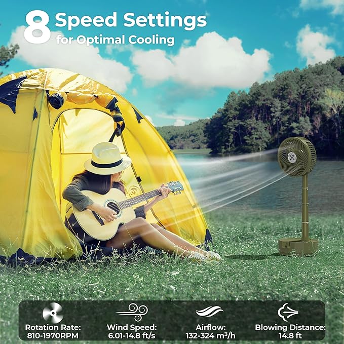 Portable Travel Fan, Foldable Standing Fan for Bedroom, 112H Run & 9 Speeds, Rechargeable Fan With Timer & Remote, Collapsible Oscillating Fan for Travel Cruise Essential Home RV Outdoor Power Outage